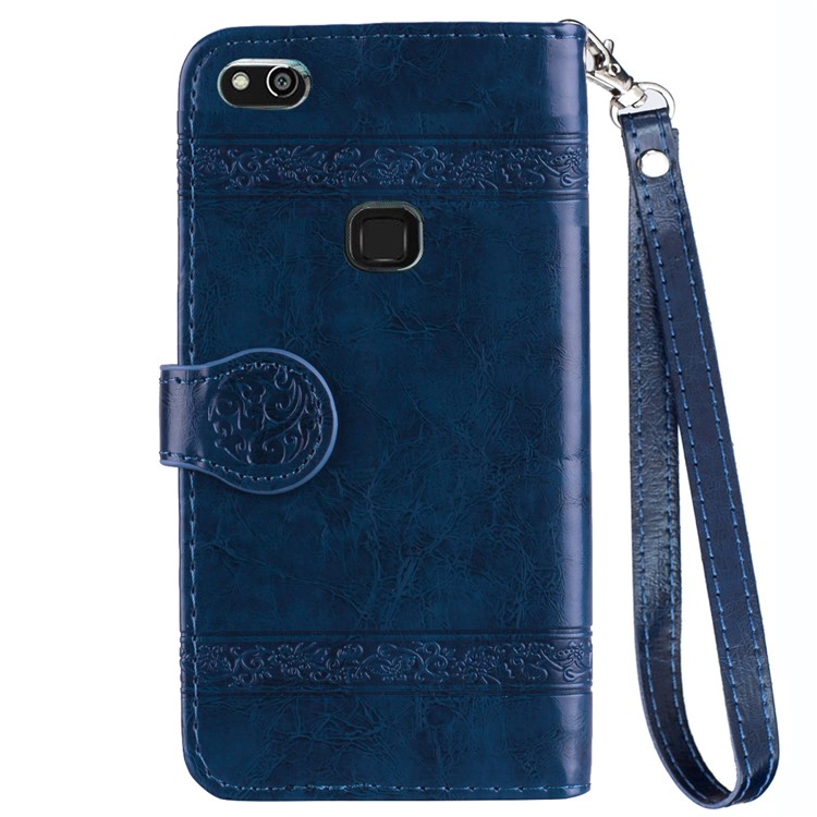Imprinted Flower Oil Wax Wallet Leather Casing for Huawei P10 Lite - Dark Blue-3