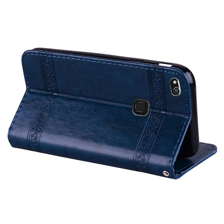 Imprinted Flower Oil Wax Wallet Leather Casing for Huawei P10 Lite - Dark Blue-5