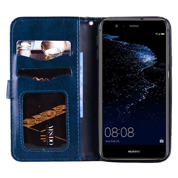 Imprinted Flower Oil Wax Wallet Leather Casing for Huawei P10 Lite - Dark Blue-6