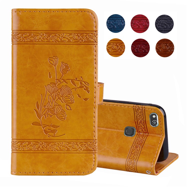 Imprinted Flower Oil Wax Wallet Leather Mobile Phone Case for Huawei P10 Lite - Yellow-1