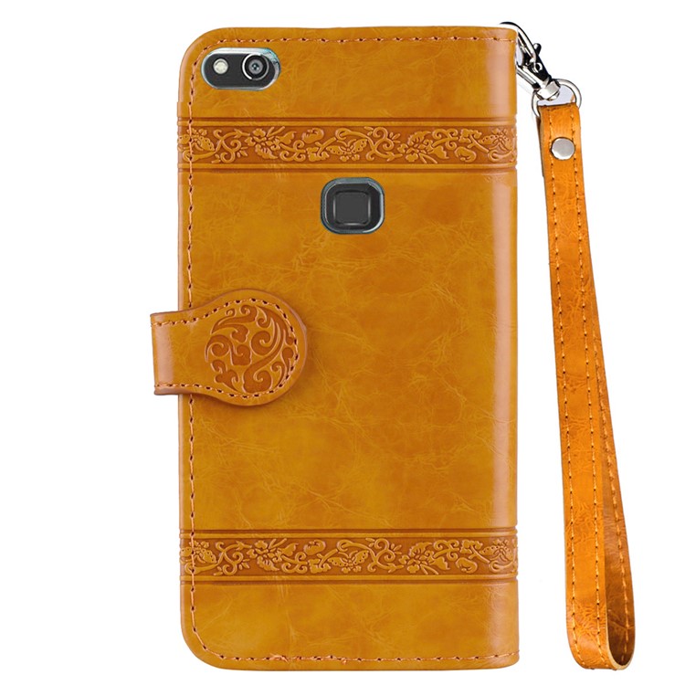 Imprinted Flower Oil Wax Wallet Leather Mobile Phone Case for Huawei P10 Lite - Yellow-3