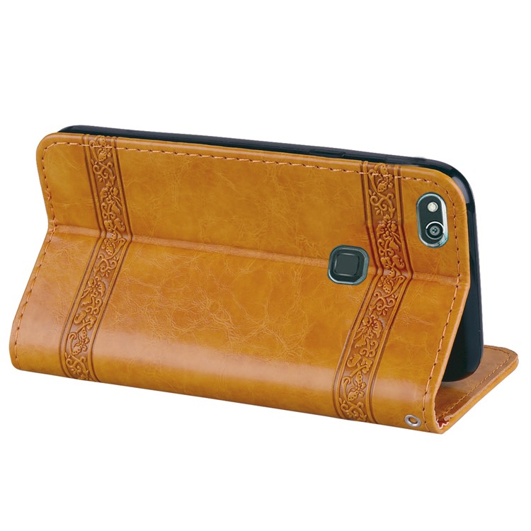Imprinted Flower Oil Wax Wallet Leather Mobile Phone Case for Huawei P10 Lite - Yellow-5