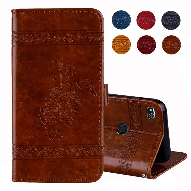 Imprinted Flower Oil Wax Wallet Leather Cell Phone Case with Stand for Huawei P10 Lite - Brown-1