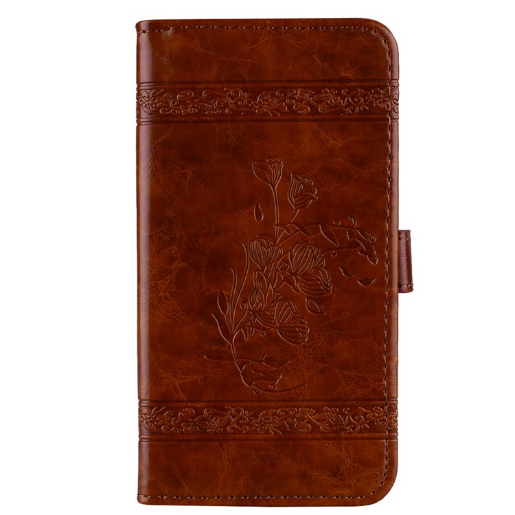 Imprinted Flower Oil Wax Wallet Leather Cell Phone Case with Stand for Huawei P10 Lite - Brown-2