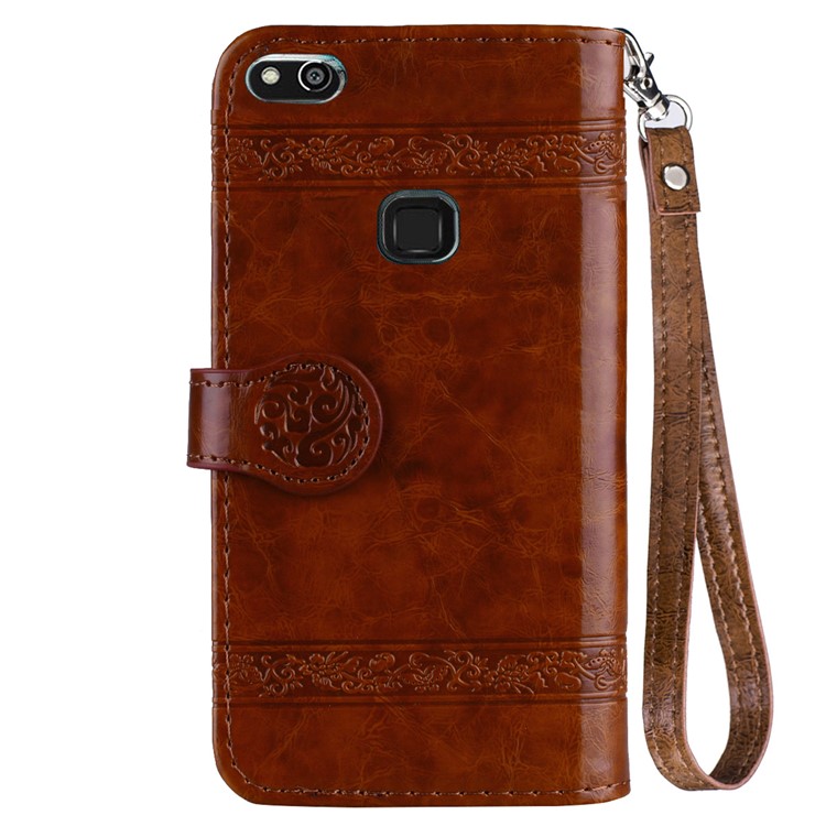 Imprinted Flower Oil Wax Wallet Leather Cell Phone Case with Stand for Huawei P10 Lite - Brown-3