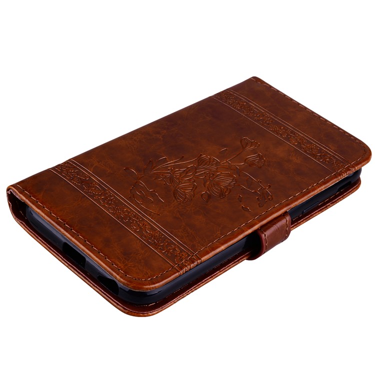 Imprinted Flower Oil Wax Wallet Leather Cell Phone Case with Stand for Huawei P10 Lite - Brown-4