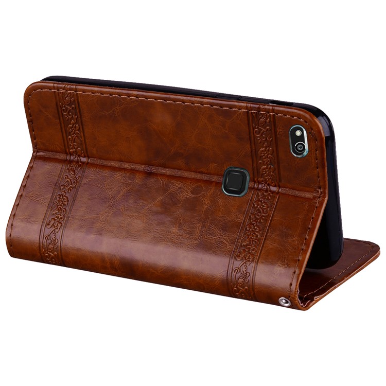 Imprinted Flower Oil Wax Wallet Leather Cell Phone Case with Stand for Huawei P10 Lite - Brown-5