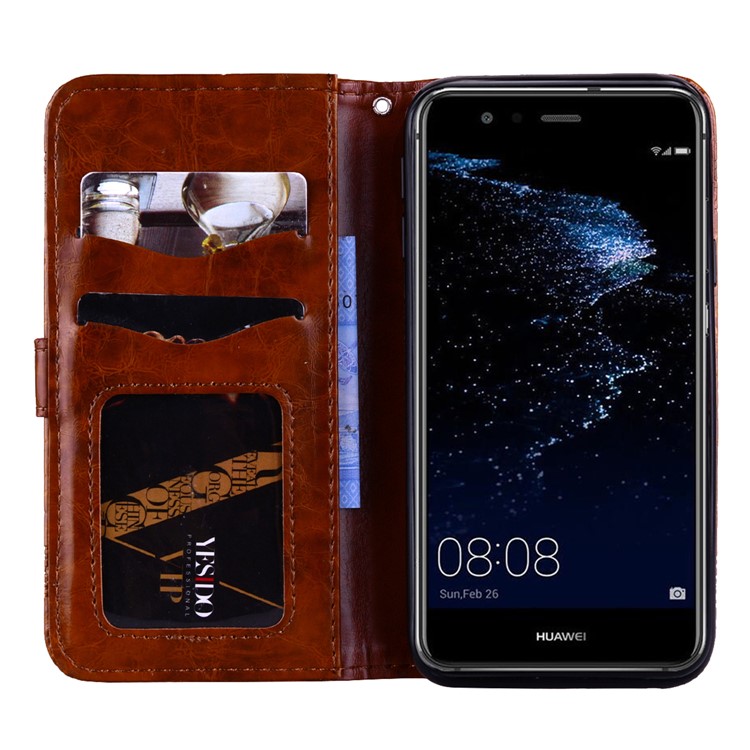 Imprinted Flower Oil Wax Wallet Leather Cell Phone Case with Stand for Huawei P10 Lite - Brown-6