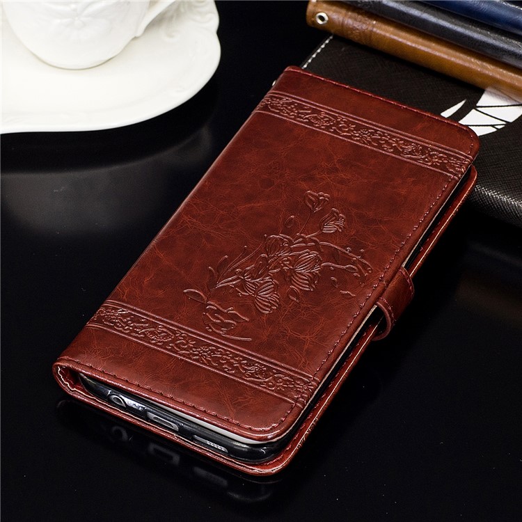 Imprinted Flower Oil Wax Wallet Leather Cell Phone Case with Stand for Huawei P10 Lite - Brown-7