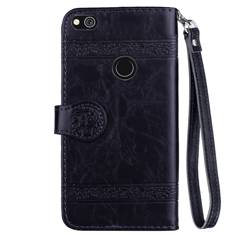 Imprinted Flower Oil Wax Wallet Leather Case for Huawei P8 Lite (2017)/Honor 8 Lite - Black-3