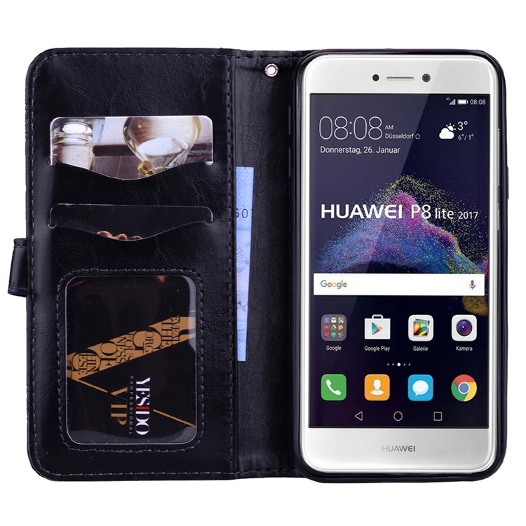 Imprinted Flower Oil Wax Wallet Leather Case for Huawei P8 Lite (2017)/Honor 8 Lite - Black-6