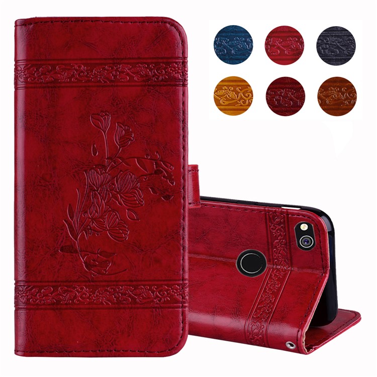 Imprinted Flower Oil Wax Wallet Leather Cover for Huawei P8 Lite (2017)/Honor 8 Lite - Red-1