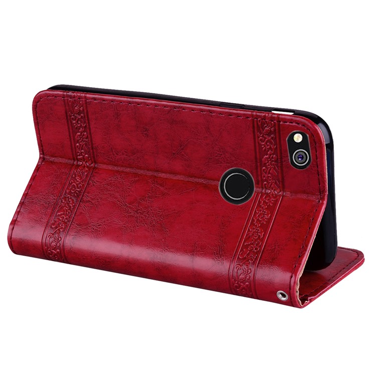 Imprinted Flower Oil Wax Wallet Leather Cover for Huawei P8 Lite (2017)/Honor 8 Lite - Red-5