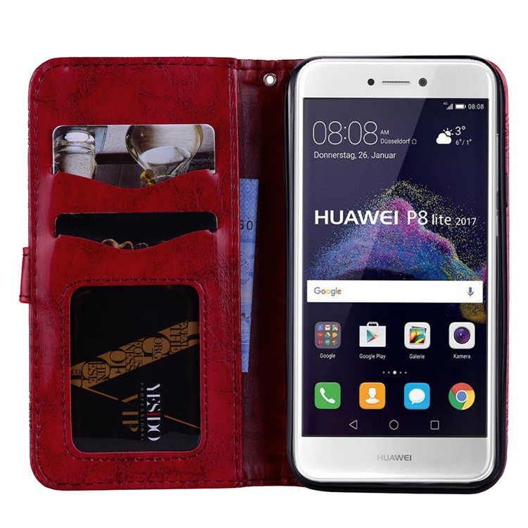 Imprinted Flower Oil Wax Wallet Leather Cover for Huawei P8 Lite (2017)/Honor 8 Lite - Red-6