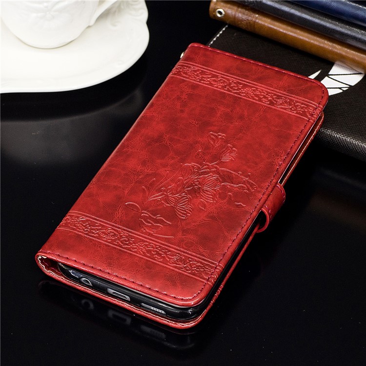 Imprinted Flower Oil Wax Wallet Leather Cover for Huawei P8 Lite (2017)/Honor 8 Lite - Red-7
