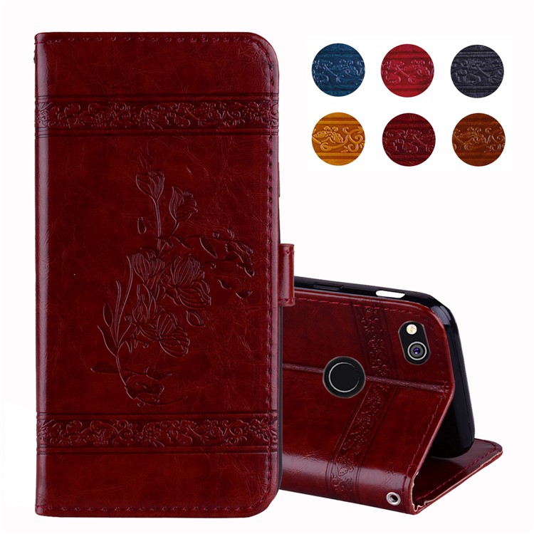 Imprinted Flower Oil Wax Wallet Leather Shell for Huawei P8 Lite (2017)/Honor 8 Lite - Wine Red-1