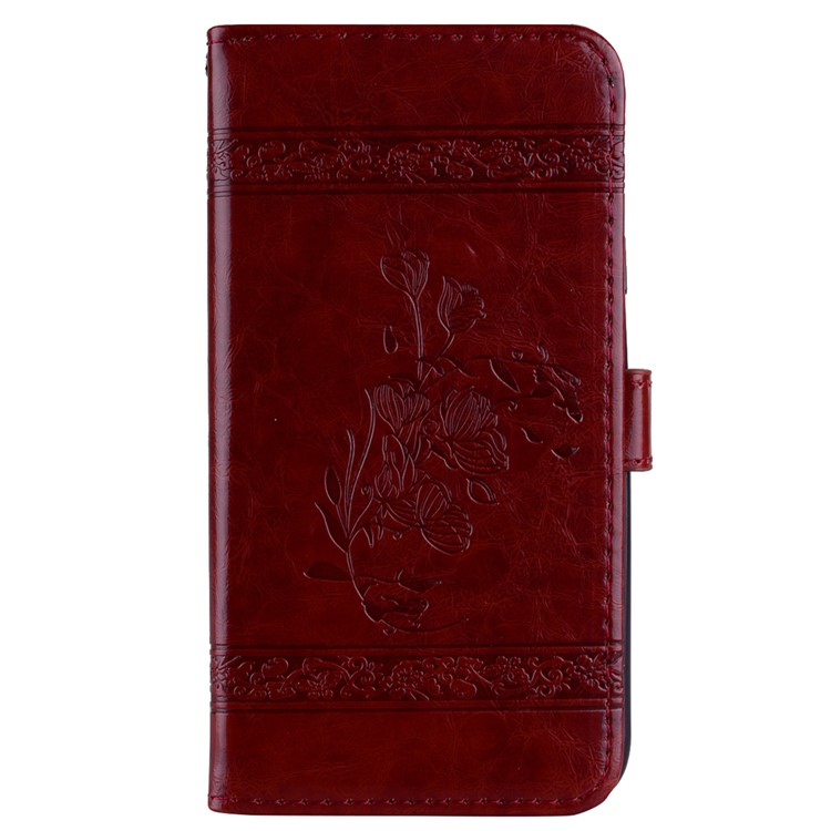 Imprinted Flower Oil Wax Wallet Leather Shell for Huawei P8 Lite (2017)/Honor 8 Lite - Wine Red-2