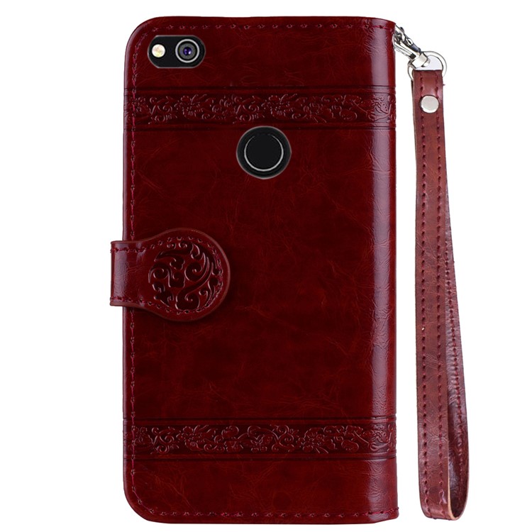 Imprinted Flower Oil Wax Wallet Leather Shell for Huawei P8 Lite (2017)/Honor 8 Lite - Wine Red-3