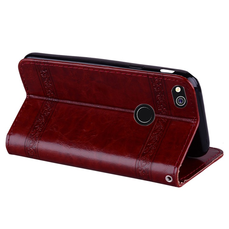 Imprinted Flower Oil Wax Wallet Leather Shell for Huawei P8 Lite (2017)/Honor 8 Lite - Wine Red-5