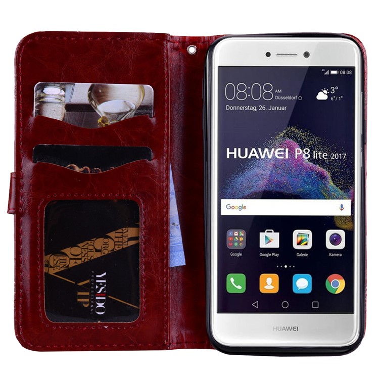 Imprinted Flower Oil Wax Wallet Leather Shell for Huawei P8 Lite (2017)/Honor 8 Lite - Wine Red-6