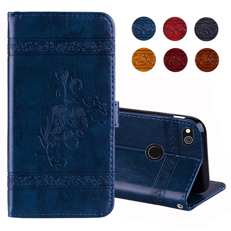 Imprinted Flower Oil Wax Wallet Leather Casing for Huawei P8 Lite (2017)/Honor 8 Lite - Dark Blue-1