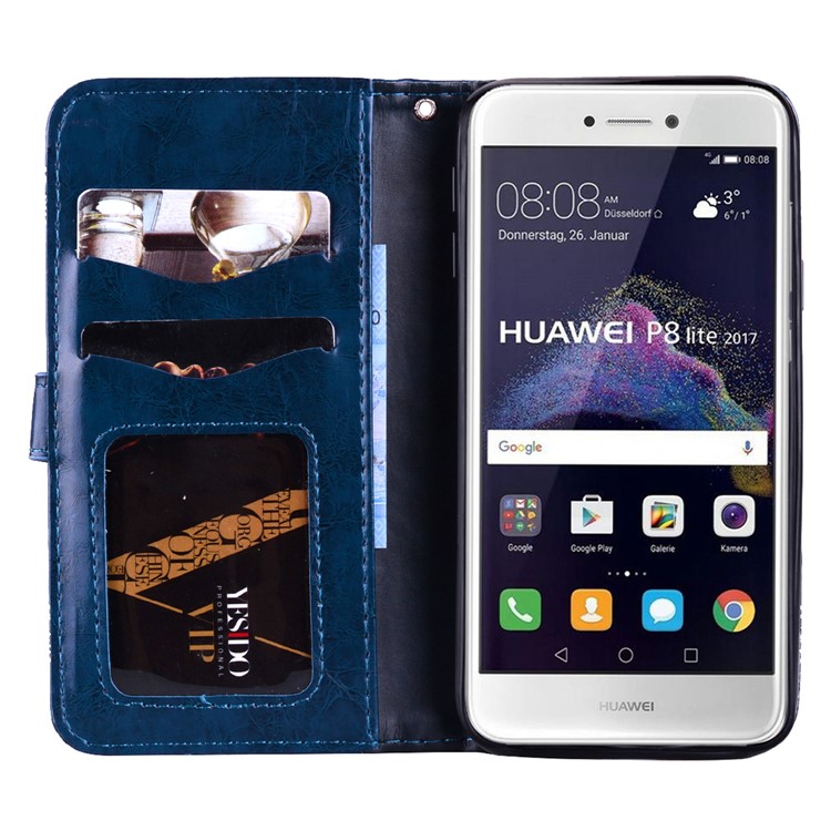 Imprinted Flower Oil Wax Wallet Leather Casing for Huawei P8 Lite (2017)/Honor 8 Lite - Dark Blue-6