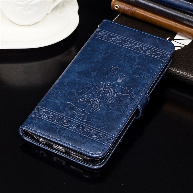 Imprinted Flower Oil Wax Wallet Leather Casing for Huawei P8 Lite (2017)/Honor 8 Lite - Dark Blue-7