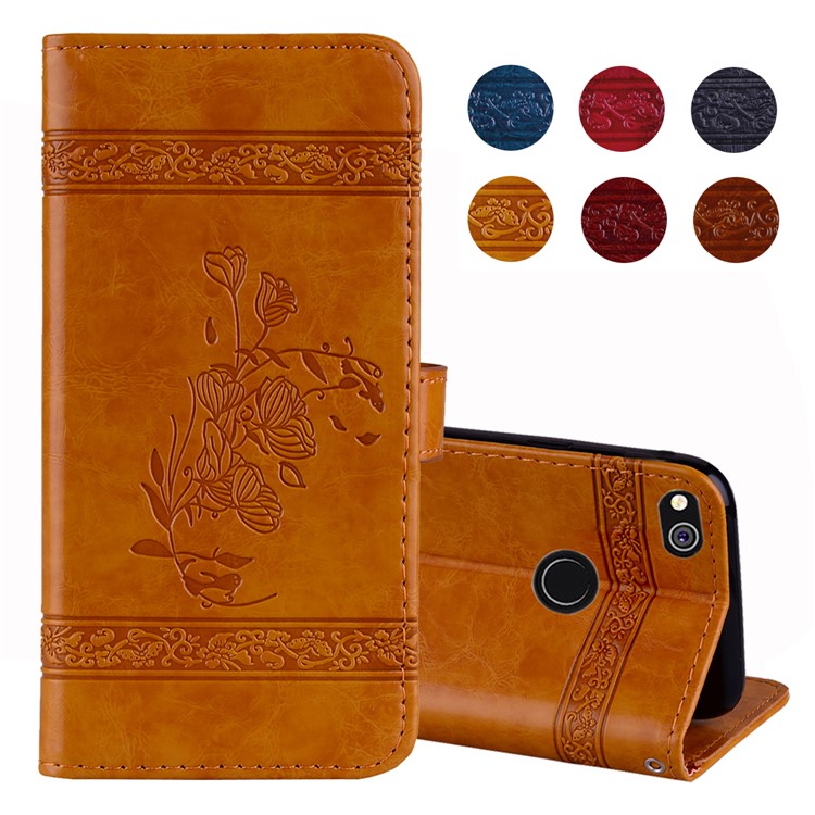 Imprinted Flower Oil Wax Magnetic Wallet Leather Case for Huawei P8 Lite (2017)/Honor 8 Lite - Yellow-1