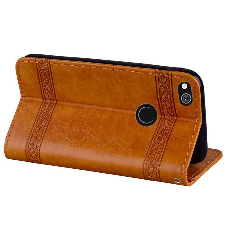 Imprinted Flower Oil Wax Magnetic Wallet Leather Case for Huawei P8 Lite (2017)/Honor 8 Lite - Yellow-5
