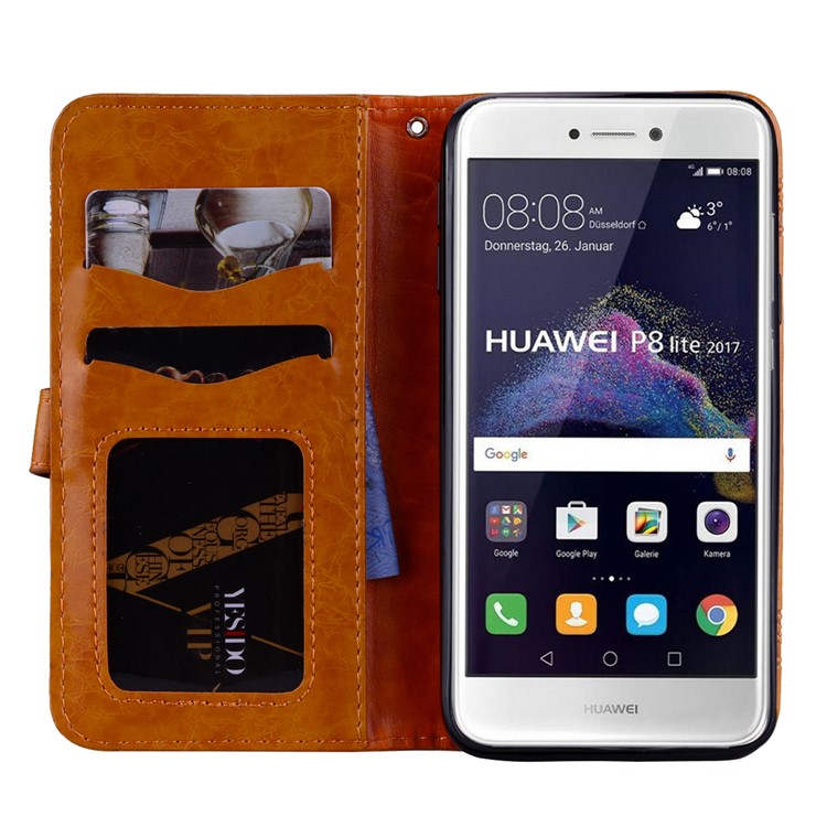 Imprinted Flower Oil Wax Magnetic Wallet Leather Case for Huawei P8 Lite (2017)/Honor 8 Lite - Yellow-6