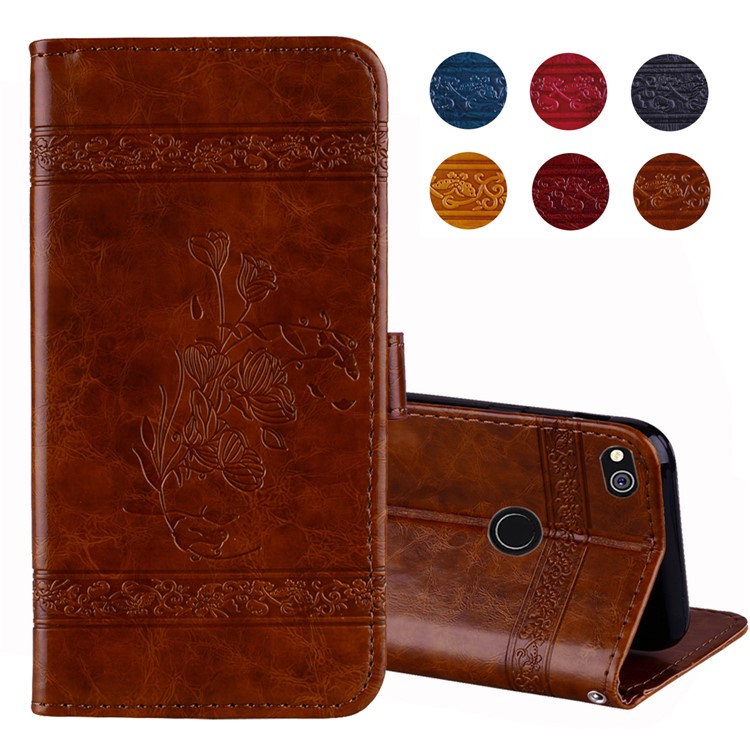 Imprinted Flower Oil Wax Stand Wallet Leather Case for Huawei P8 Lite (2017)/Honor 8 Lite - Brown-1