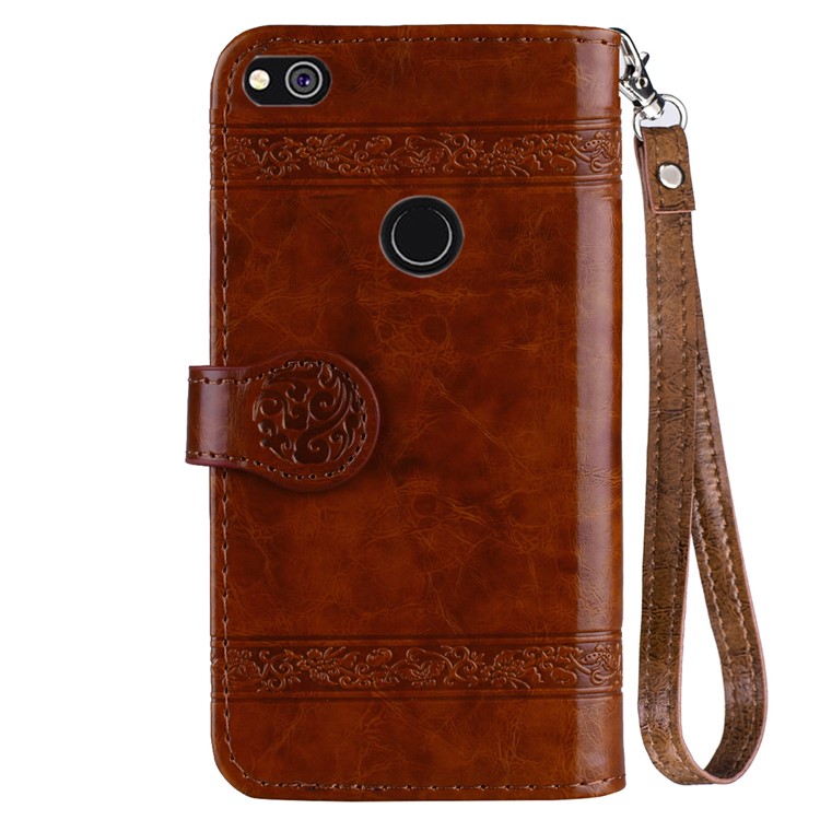 Imprinted Flower Oil Wax Stand Wallet Leather Case for Huawei P8 Lite (2017)/Honor 8 Lite - Brown-3