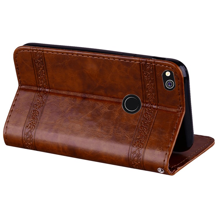 Imprinted Flower Oil Wax Stand Wallet Leather Case for Huawei P8 Lite (2017)/Honor 8 Lite - Brown-5