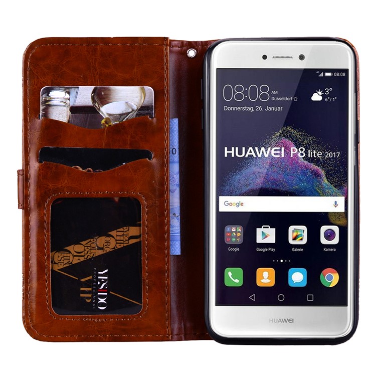 Imprinted Flower Oil Wax Stand Wallet Leather Case for Huawei P8 Lite (2017)/Honor 8 Lite - Brown-6