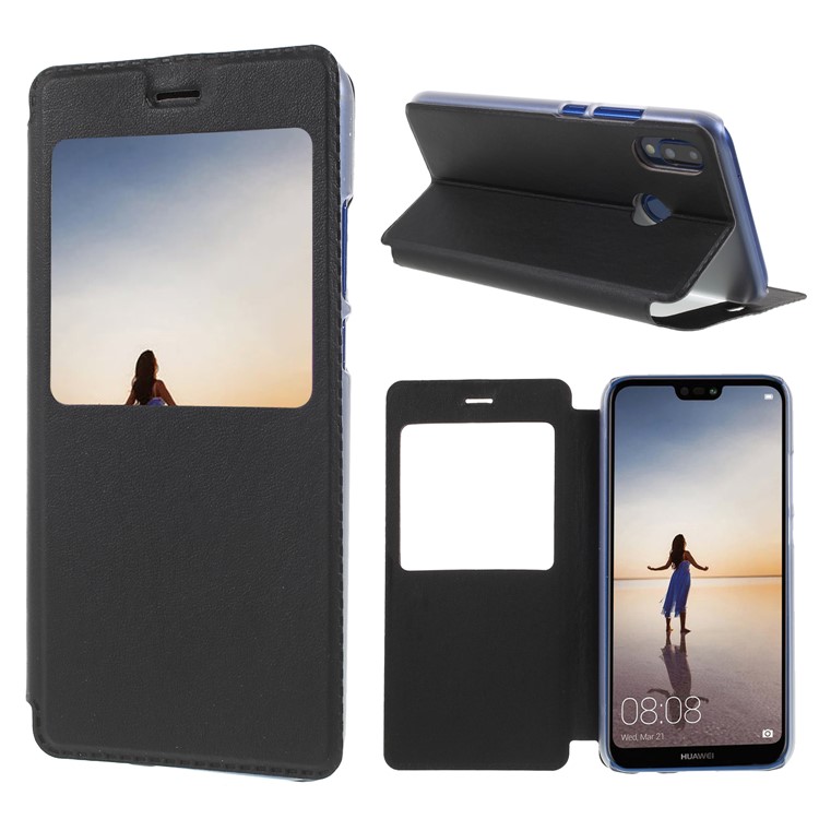 View Window Leather Stand Phone Case for Huawei P20 Lite / Nova 3e - Black-1
