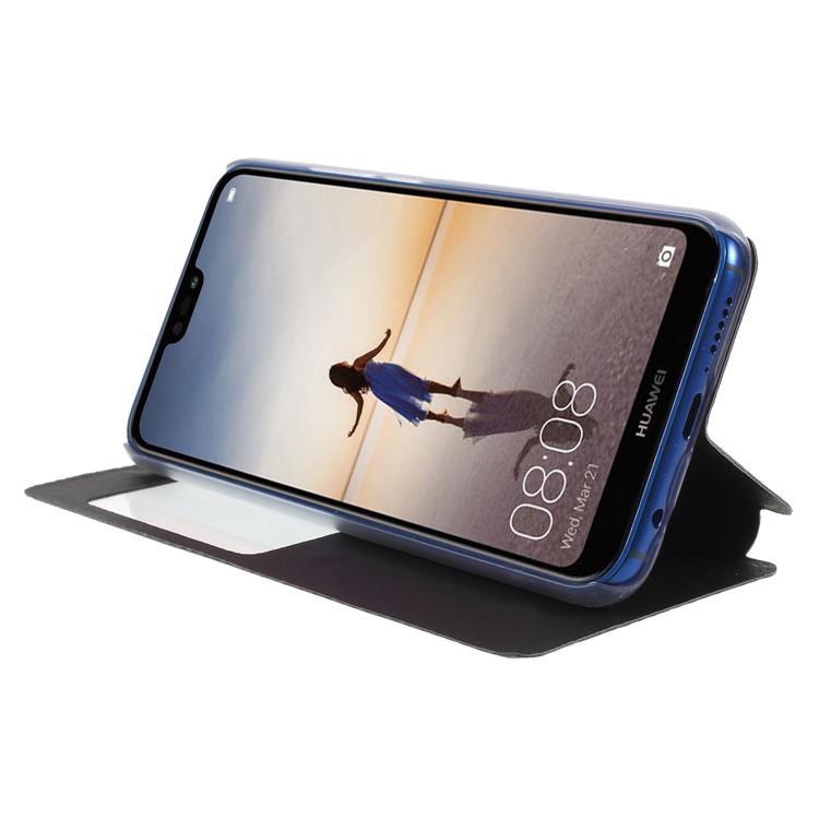 View Window Leather Stand Phone Case for Huawei P20 Lite / Nova 3e - Black-4