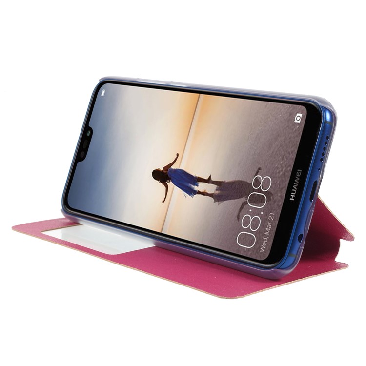 View Window Stand Leather Phone Shell for Huawei P20 Lite / Nova 3e - Rose-4