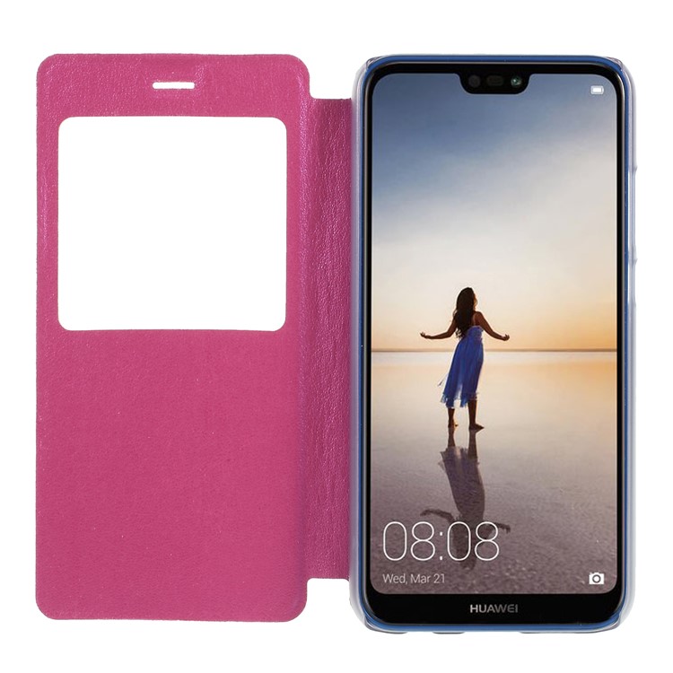 View Window Stand Leather Phone Shell for Huawei P20 Lite / Nova 3e - Rose-6