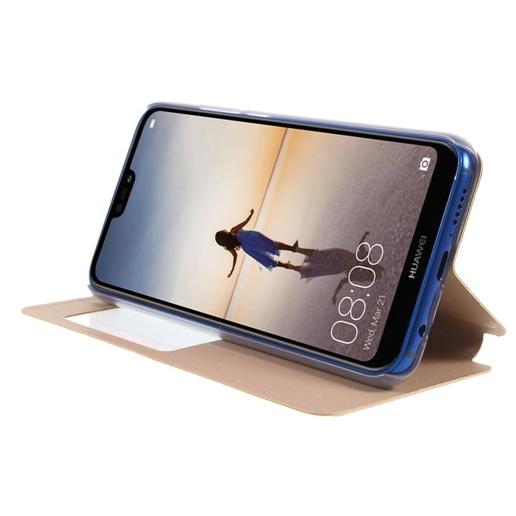 Folio Flip View Window Leather Cell Phone Cover for Huawei P20 Lite / Nova 3e - Gold-4