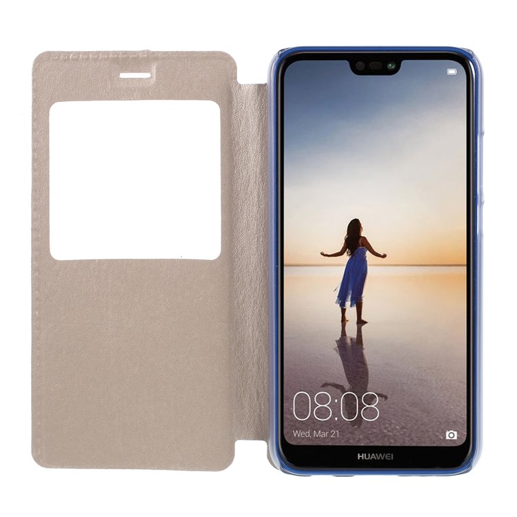 Folio Flip View Window Leather Cell Phone Cover for Huawei P20 Lite / Nova 3e - Gold-6