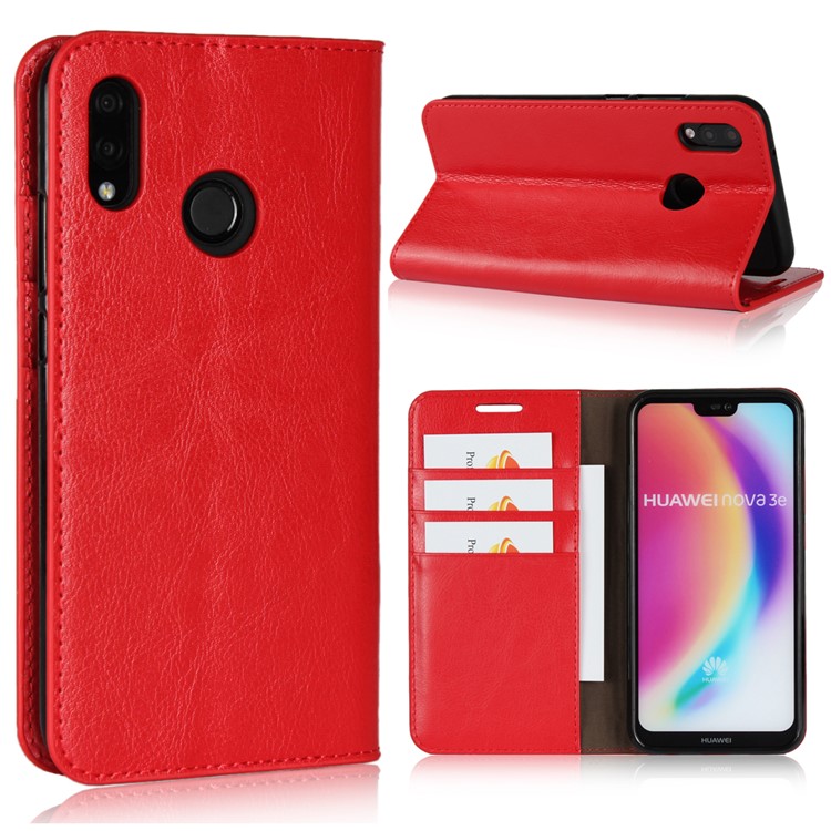 Crazy Horse Genuine Leather Wallet Cover for Huawei P20 Lite / Nova 3e - Red-1