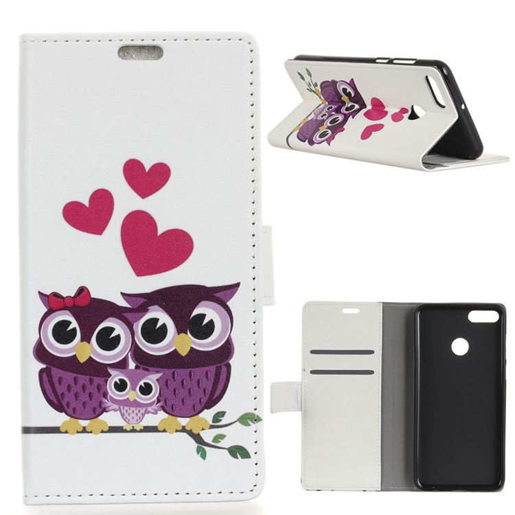 Pattern Printing Wallet Leather Cell Phone Case for Huawei Y9 (2018) / Enjoy 8 Plus - Owls and Hearts-1
