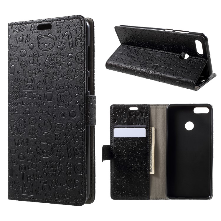 Cartoon Graffiti PU Leather Wallet Flip Stand Case for Huawei Y9 (2018)/Enjoy 8 Plus - Black-1