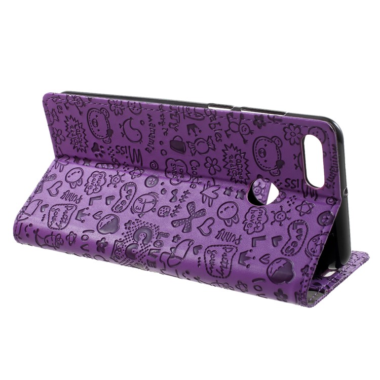 Cartoon Graffiti PU Leather Wallet Flip Stand Mobile Casing for Huawei Y9 (2018)/Enjoy 8 Plus - Purple-4