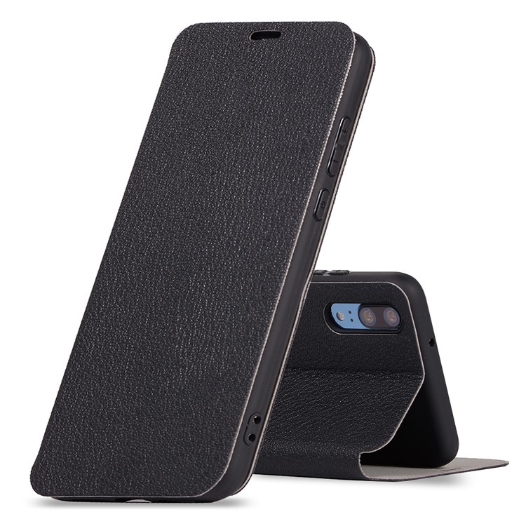 Litchi Skin Leather Stand Phone Case with Card Slot for Huawei P20 - Black-1