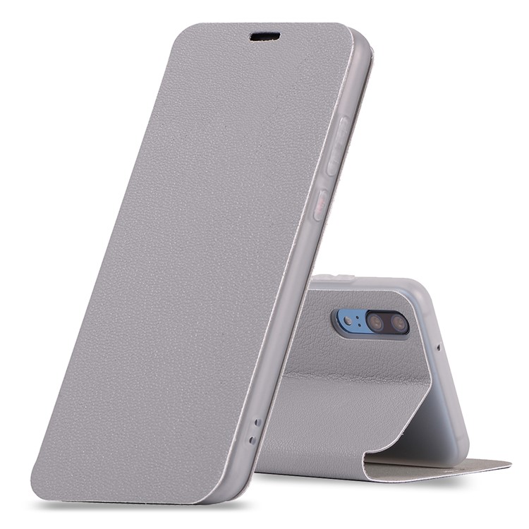 Litchi Skin Leather Stand Phone Shell with Card Slot for Huawei P20 - Grey-1