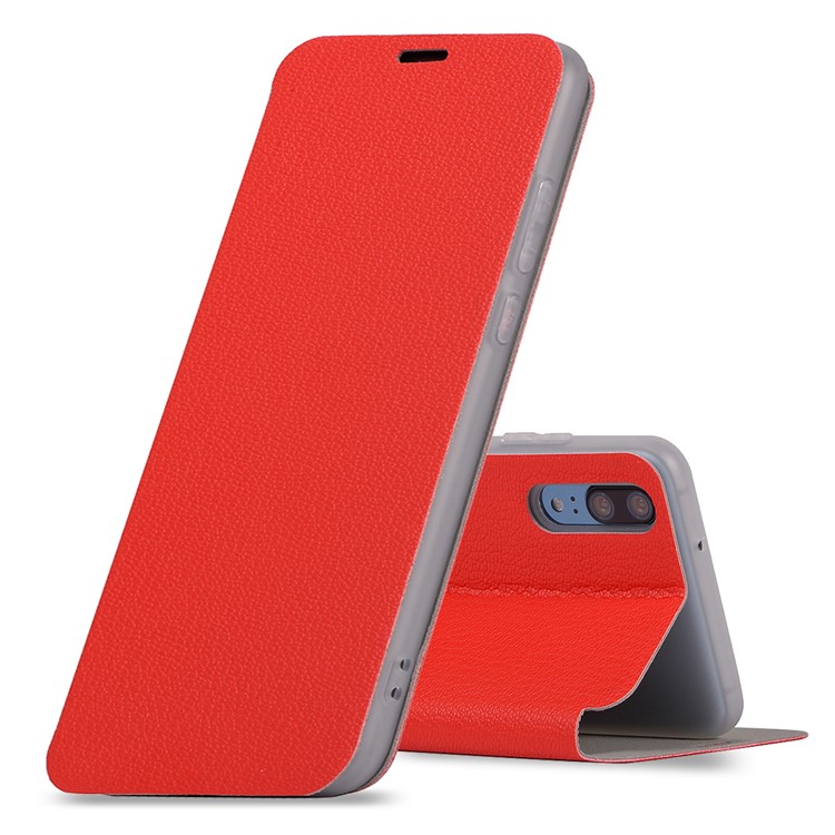 Litchi Skin Leather Stand Phone Cover with Card Slot for Huawei P20 - Red-1