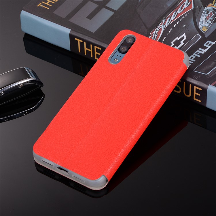 Litchi Skin Leather Stand Phone Cover with Card Slot for Huawei P20 - Red-12