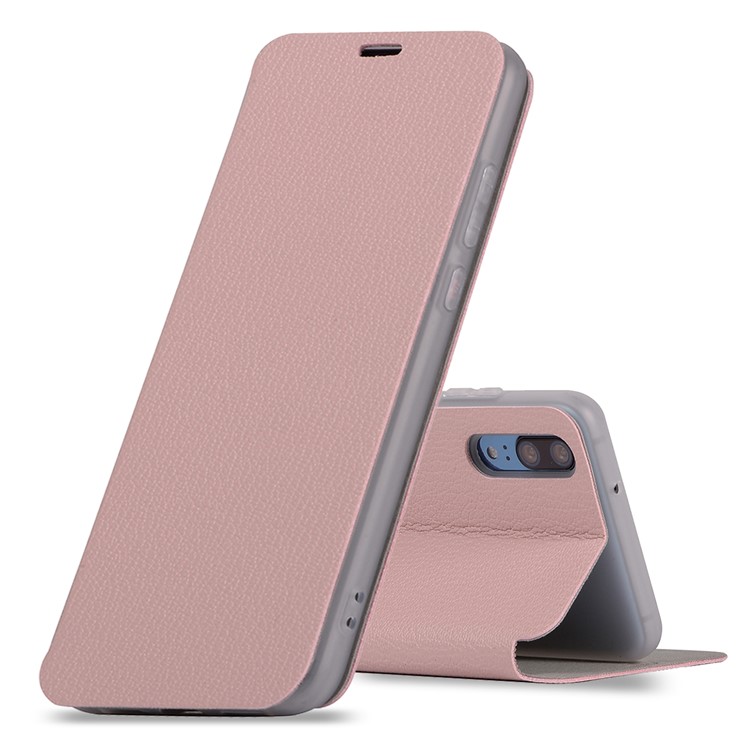 Litchi Skin Leather Stand Phone Case Cover with Card Slot for Huawei P20 - Pink-1