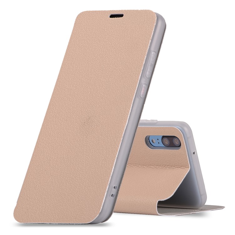 Litchi Skin Leather Stand Phone Casing with Card Slot for Huawei P20 - Gold-1